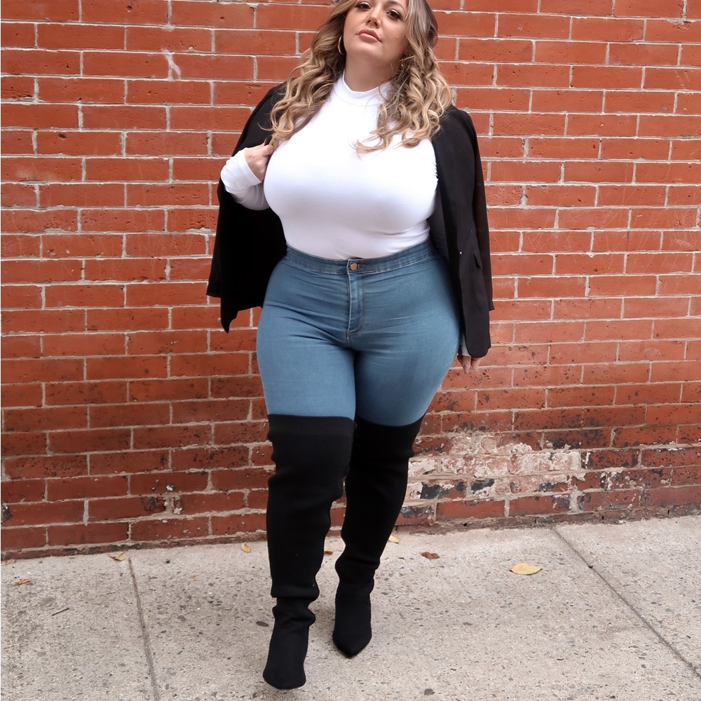 Black Stretch Over-the-Knee Wide Calf Heeled Boots